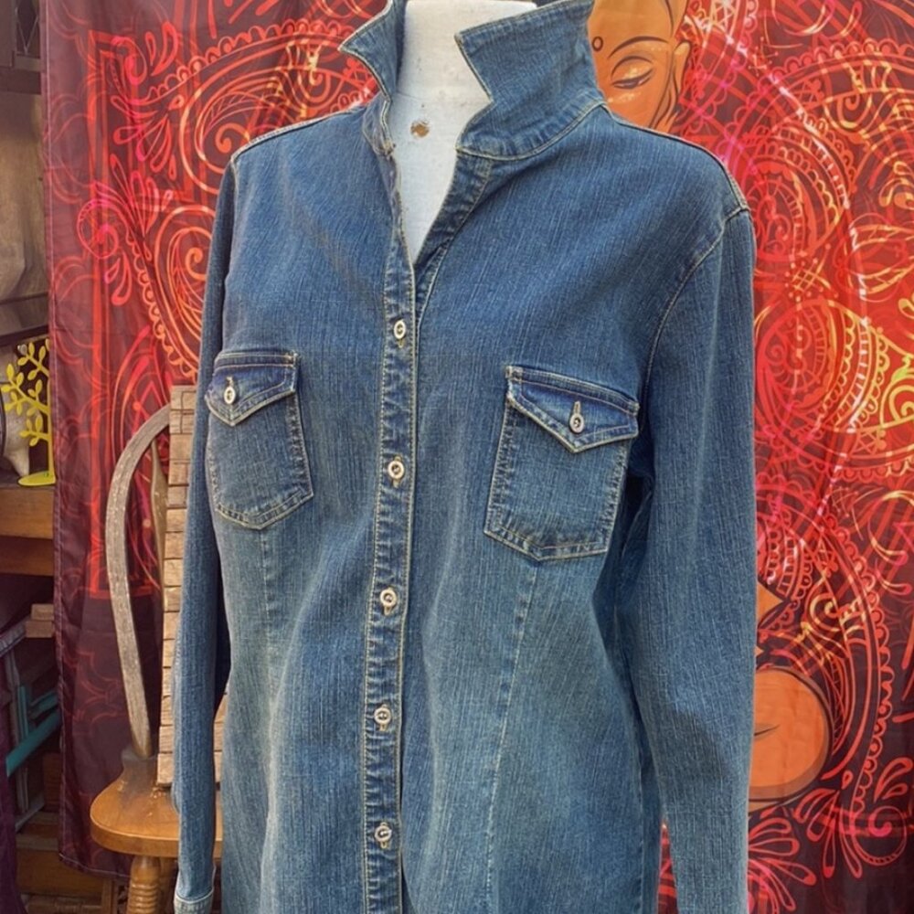 Vintage Hot Kiss Long Denim Jacket | 90s Y2K Blue Jean Trucker Coat 14 - Picture 3 of 11